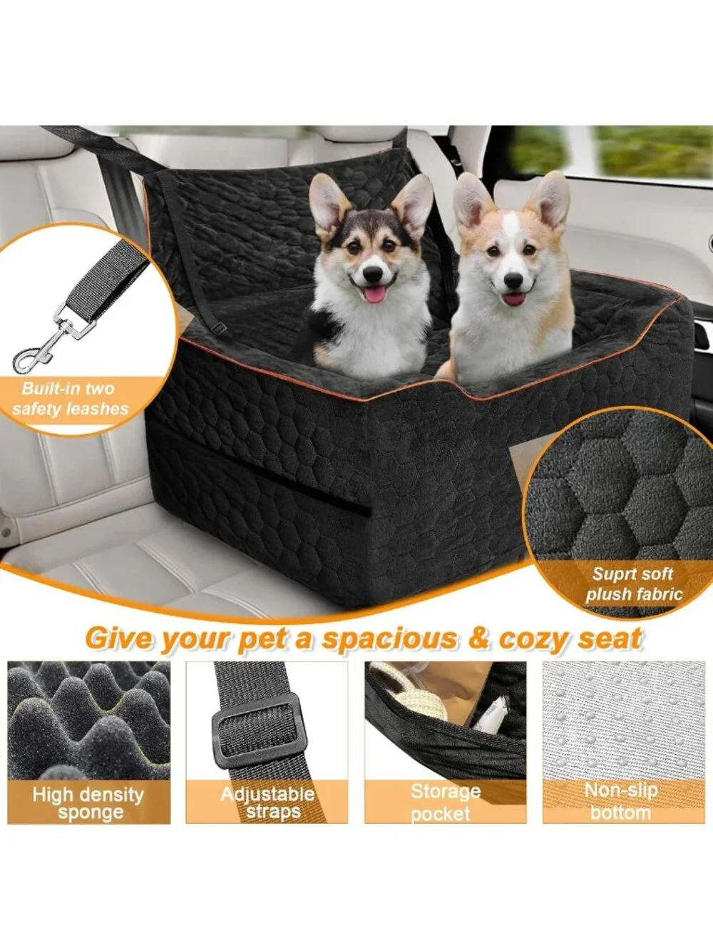 Washable Dog Car Seat for Medium/Large Dogs, Booster Seat with Safety Leashes